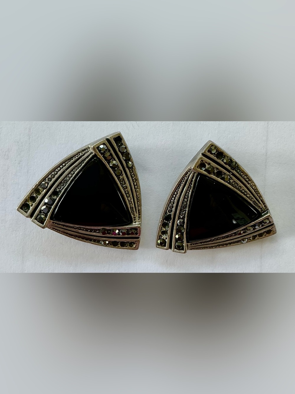 Vintage Black Onyx and Silver Marcasite Triangle Clip Earrings